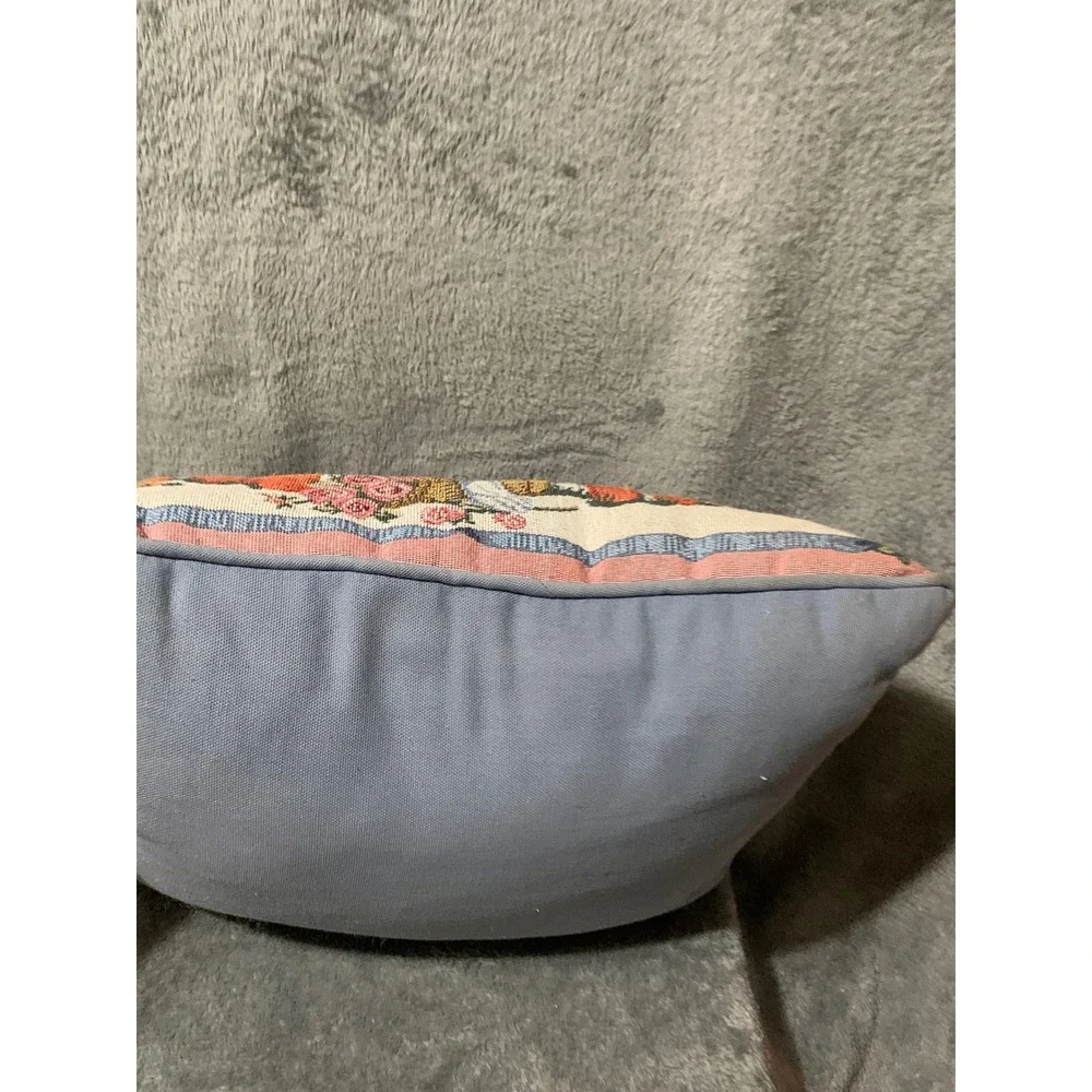 Vtg Garden Tapestry Throw Pillow Birdhouse Sun Hat Floral Accent Blue Cottage